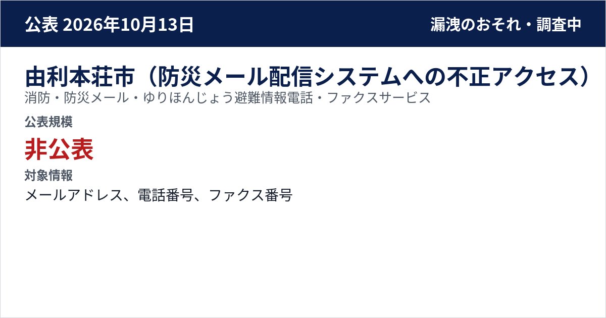 由利本荘市(防災メール配信システムへの不正アクセス) 消防・防災メール・ゆりほんじょう避難情報電話・ファクスサービス 公表規模:非公表