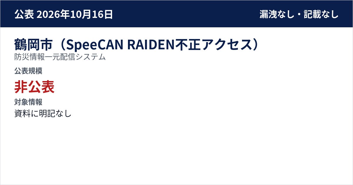 鶴岡市(SpeeCAN RAIDEN不正アクセス) 防災情報一元配信システム 公表規模:非公表