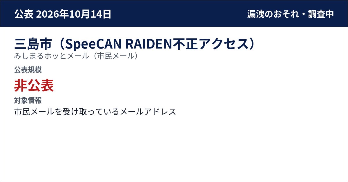 三島市(SpeeCAN RAIDEN不正アクセス) みしまるホッとメール(市民メール) 公表規模:非公表