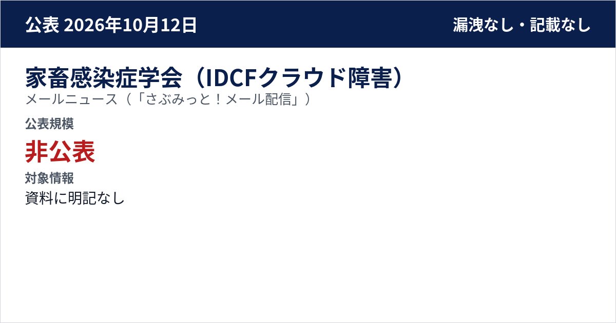 家畜感染症学会(IDCFクラウド障害) メールニュース(「さぶみっと!メール配信」) 公表規模:非公表