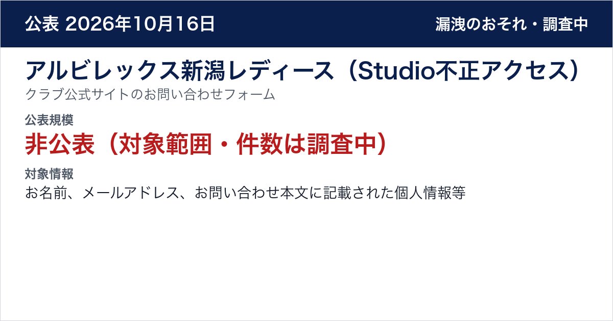 アルビレックス新潟レディース（Studio不正アクセス） クラブ公式サイトのお問い合わせフォーム　公表規模：非公表（対象範囲・件数は調査中）