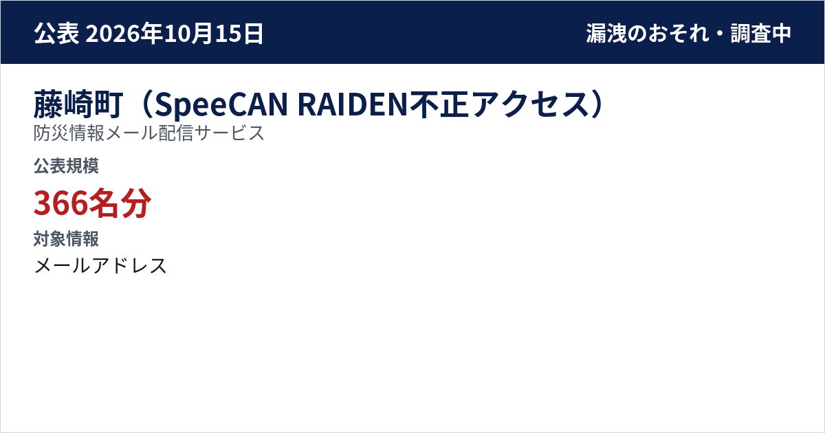 藤崎町(SpeeCAN RAIDEN不正アクセス) 防災情報メール配信サービス 公表規模:366名分