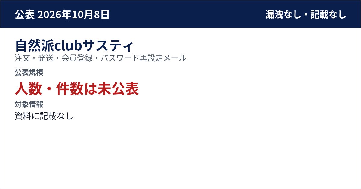 自然派clubサスティ 注文・発送・会員登録・パスワード再設定メール 公表規模:人数・件数は未公表