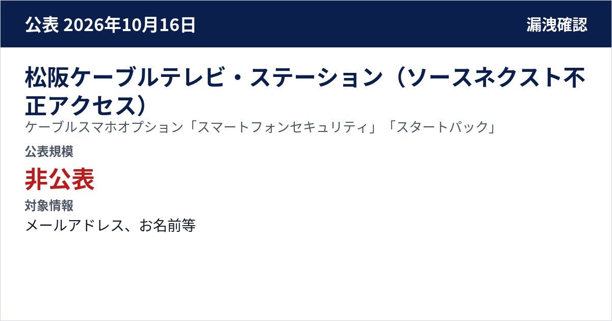 松阪ケーブルテレビ・ステーション(ソースネクスト不正アクセス) ケーブルスマホオプション「スマートフォンセキュリティ」「スタートパック」 公表規模:非公表
