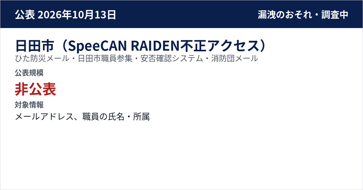 日田市(SpeeCAN RAIDEN不正アクセス) ひた防災メール・日田市職員参集・安否確認システム・消防団メール 公表規模:非公表