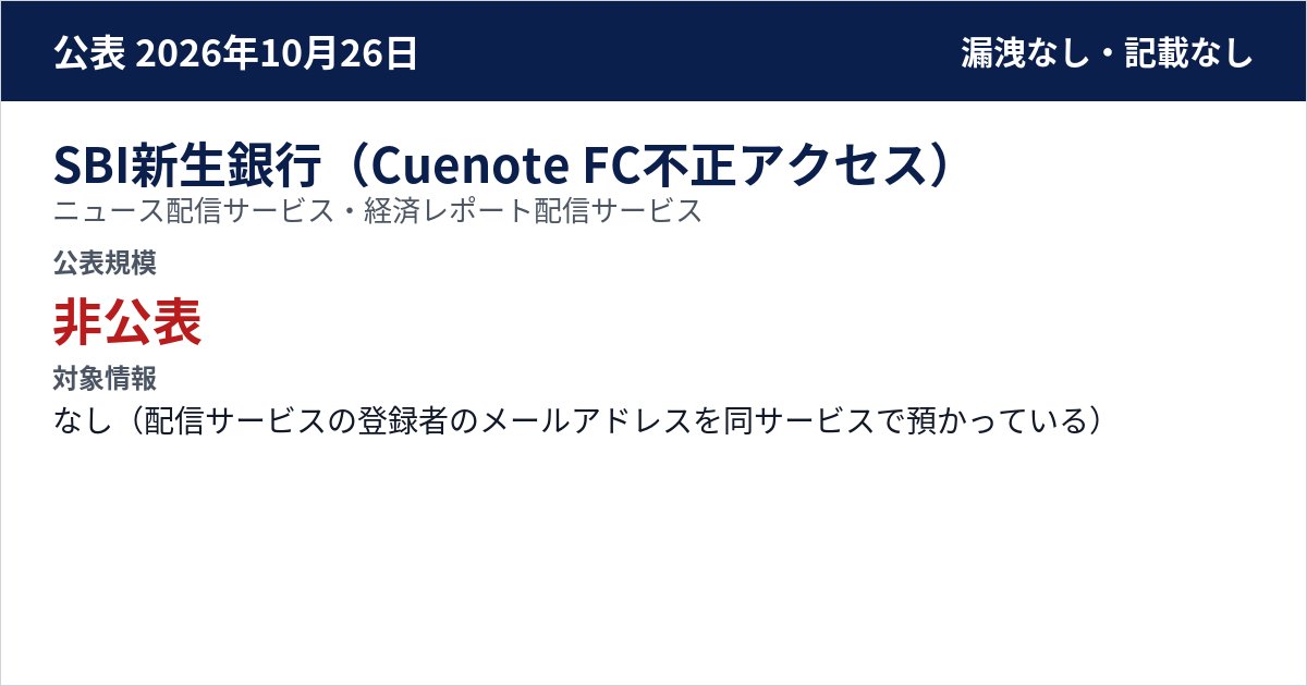 SBI新生銀行(Cuenote FC不正アクセス) ニュース配信サービス・経済レポート配信サービス 公表規模:非公表
