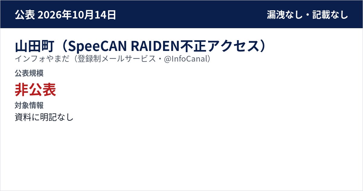 山田町(SpeeCAN RAIDEN不正アクセス) インフォやまだ(登録制メールサービス・@InfoCanal) 公表規模:非公表