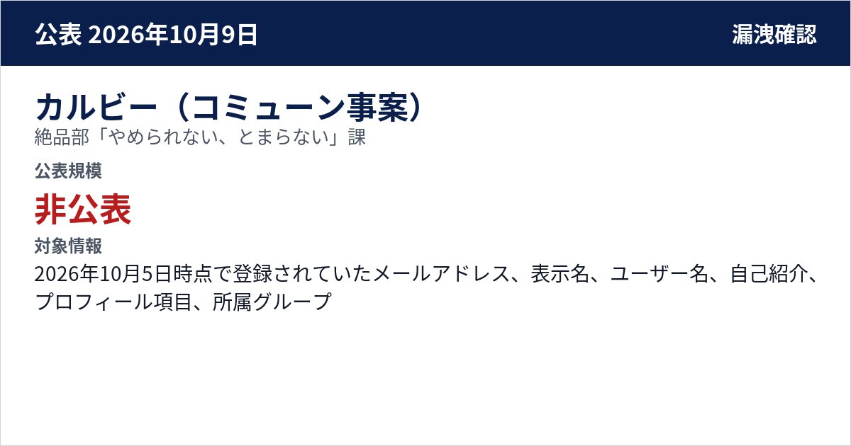 カルビー(コミューン事案) 絶品部「やめられない、とまらない」課 公表規模:非公表