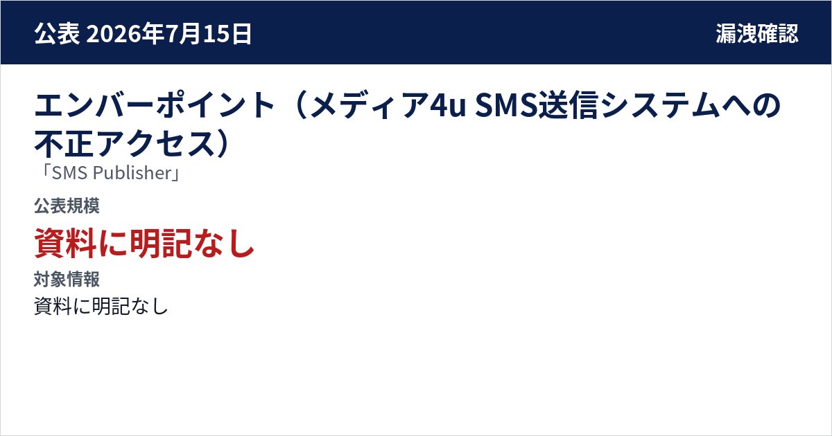 エンバーポイント(メディア4u SMS送信システムへの不正アクセス) 「SMS Publisher」 公表規模:資料に明記なし