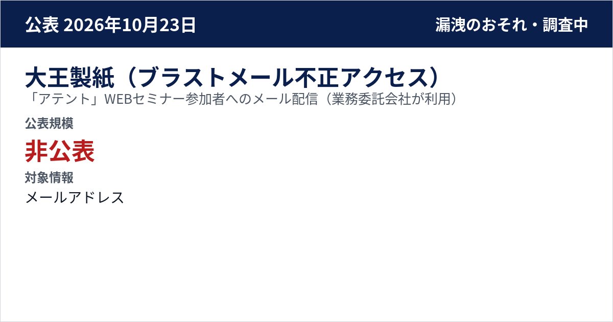 大王製紙(ブラストメール不正アクセス) 「アテント」WEBセミナー参加者へのメール配信(業務委託会社が利用) 公表規模:非公表