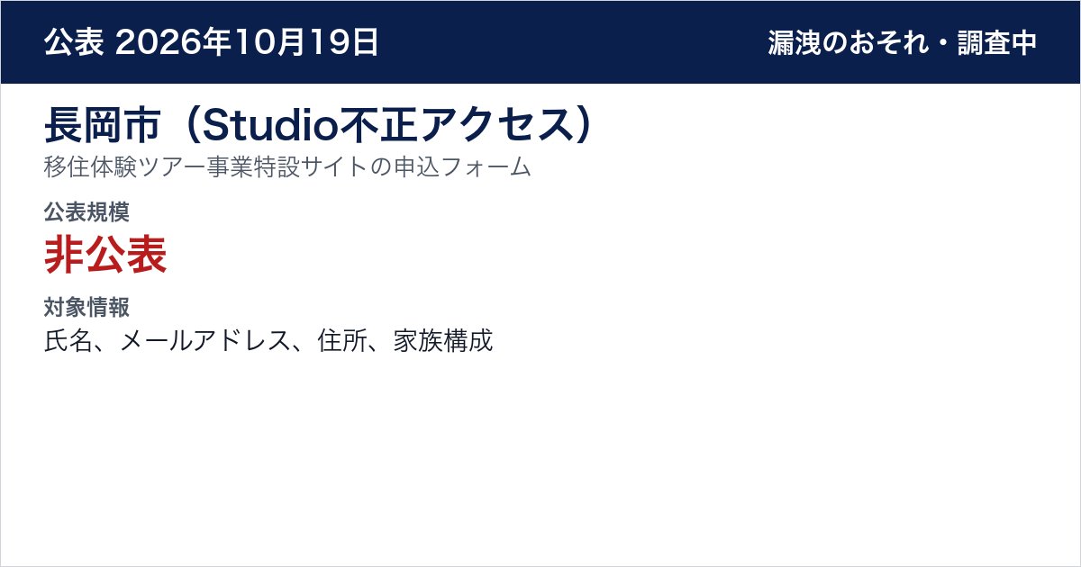 長岡市(Studio不正アクセス) 移住体験ツアー事業特設サイトの申込フォーム 公表規模:非公表