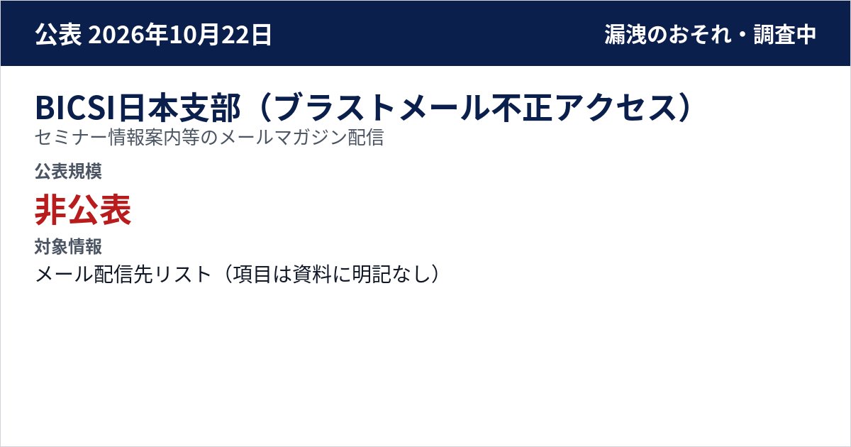 BICSI日本支部(ブラストメール不正アクセス) セミナー情報案内等のメールマガジン配信 公表規模:非公表