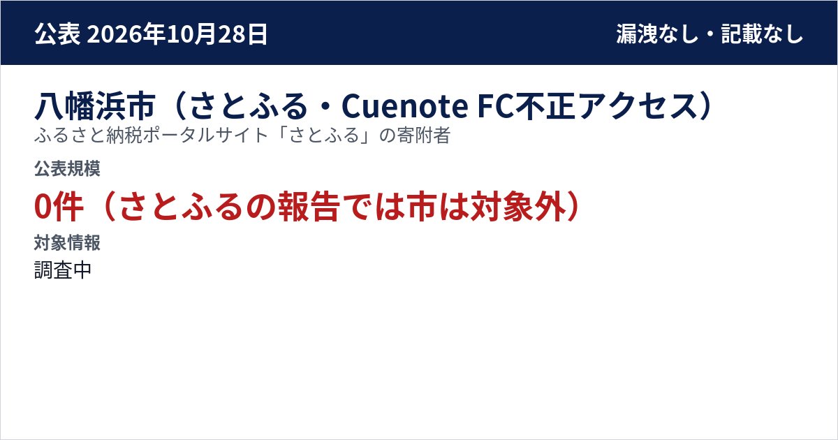 八幡浜市(さとふる・Cuenote FC不正アクセス) ふるさと納税ポータルサイト「さとふる」の寄附者 公表規模:0件(さとふるの報告では市は対象外)