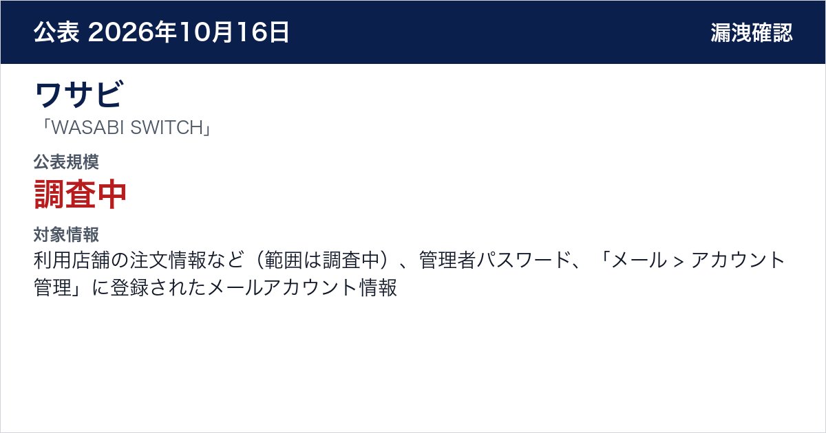 ワサビ 「WASABI SWITCH」 公表規模:調査中