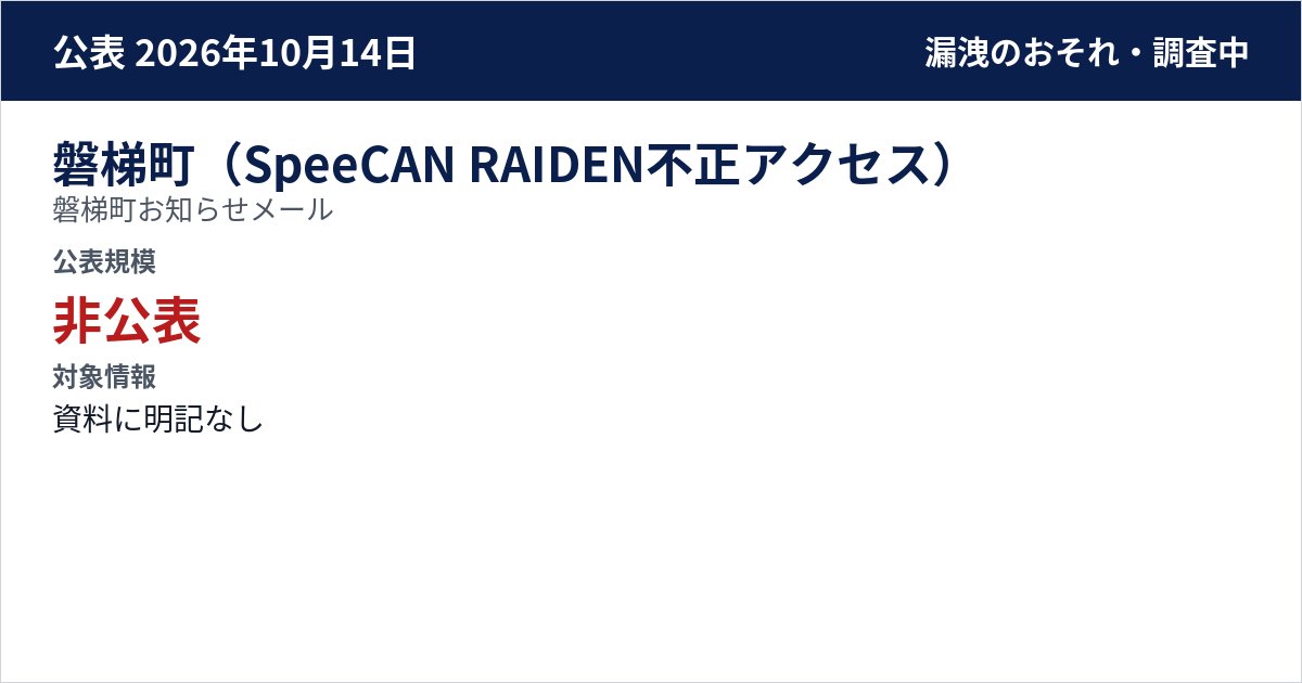 磐梯町(SpeeCAN RAIDEN不正アクセス) 磐梯町お知らせメール 公表規模:非公表