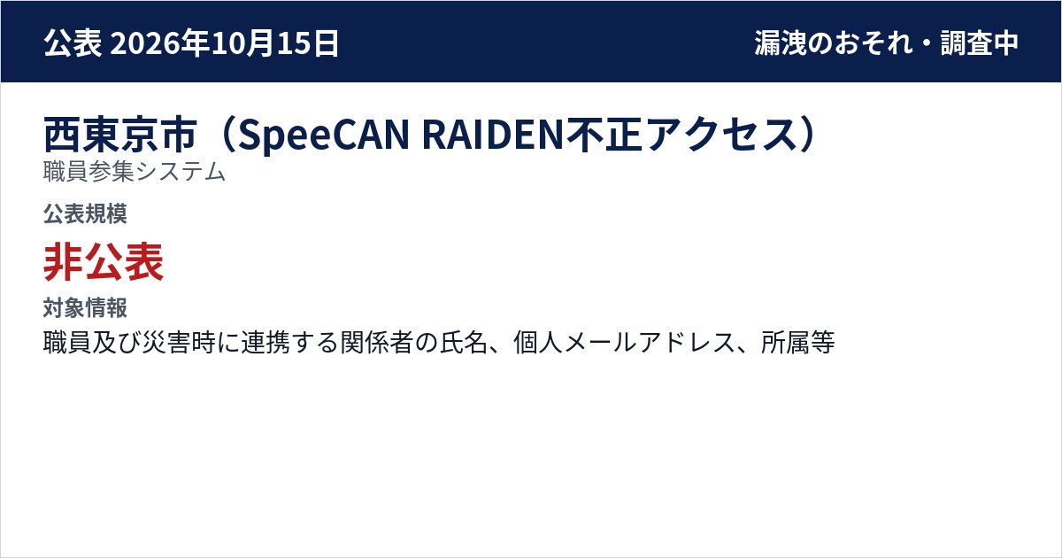 西東京市(SpeeCAN RAIDEN不正アクセス) 職員参集システム 公表規模:非公表