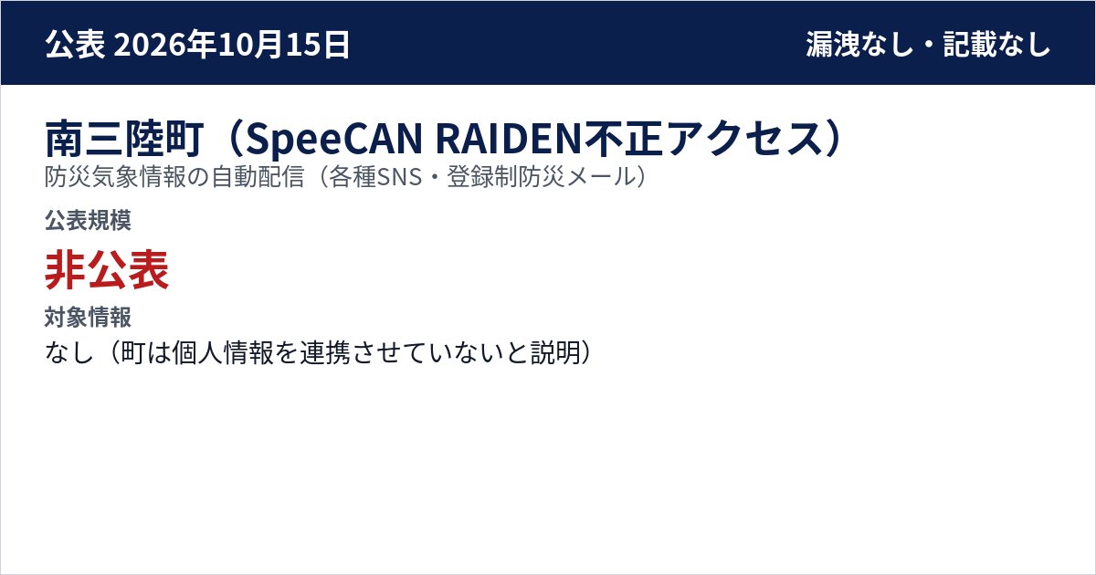 南三陸町(SpeeCAN RAIDEN不正アクセス) 防災気象情報の自動配信(各種SNS・登録制防災メール) 公表規模:非公表