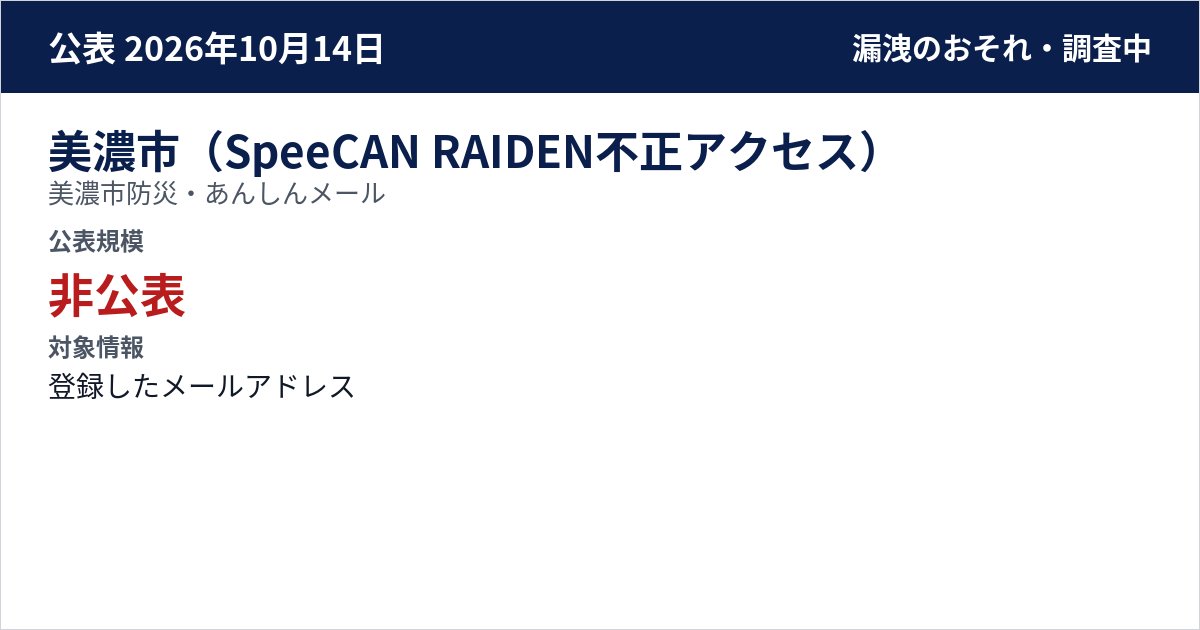 美濃市(SpeeCAN RAIDEN不正アクセス) 美濃市防災・あんしんメール 公表規模:非公表