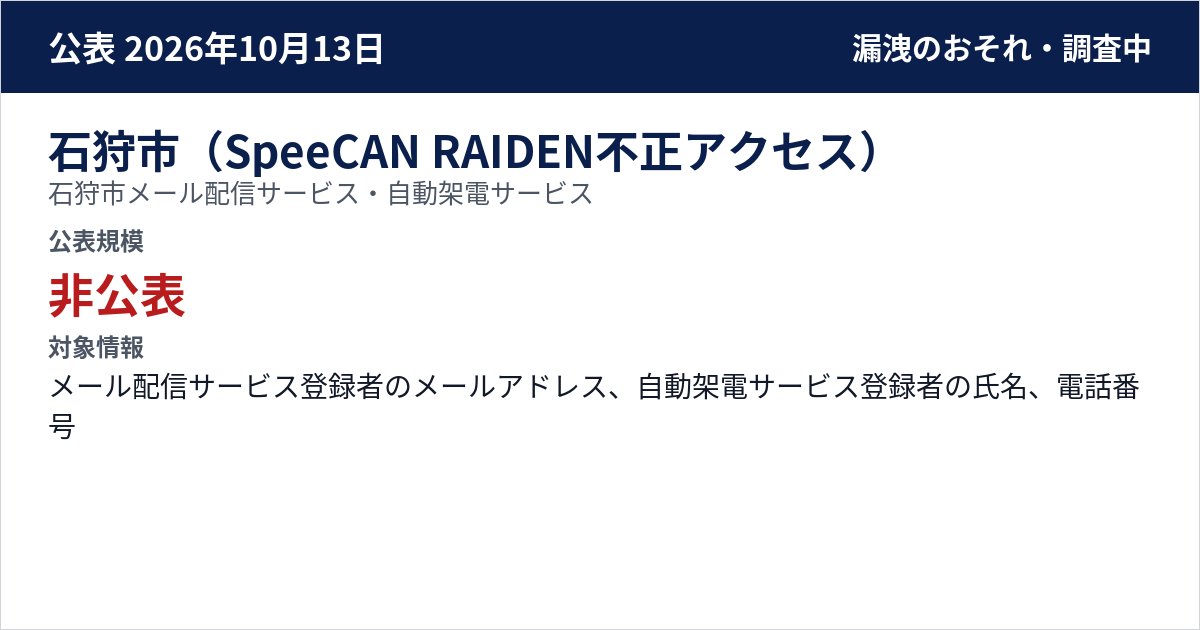 石狩市(SpeeCAN RAIDEN不正アクセス) 石狩市メール配信サービス・自動架電サービス 公表規模:非公表