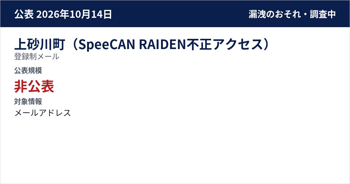 上砂川町(SpeeCAN RAIDEN不正アクセス) 登録制メール 公表規模:非公表