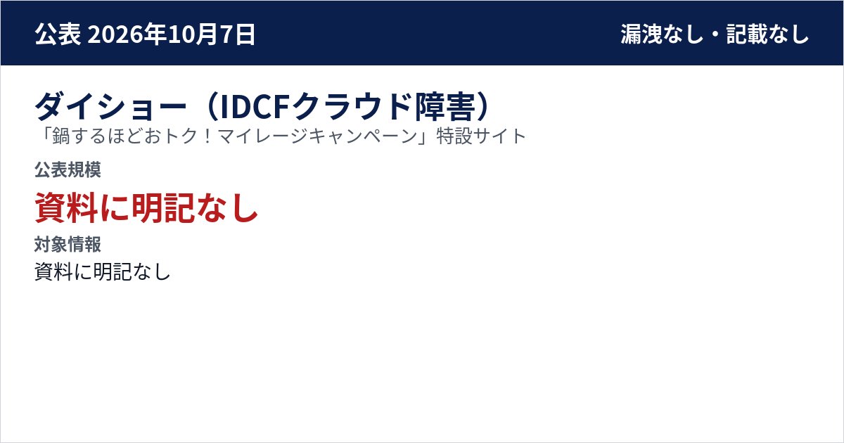 ダイショー(IDCFクラウド障害) 「鍋するほどおトク!マイレージキャンペーン」特設サイト 公表規模:資料に明記なし