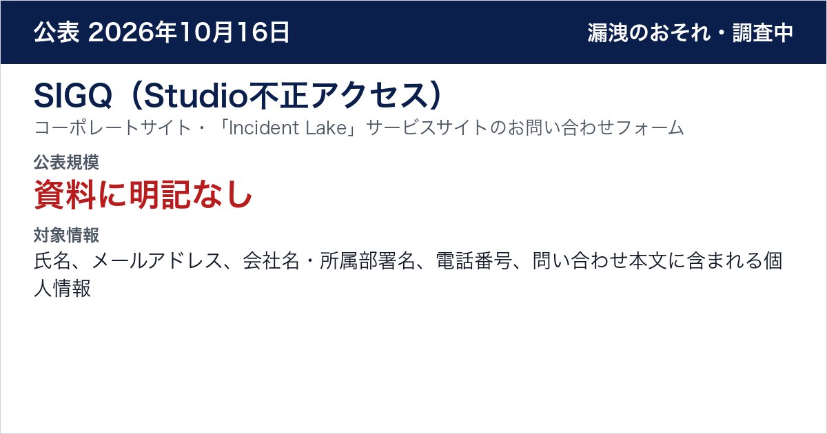 SIGQ（Studio不正アクセス） コーポレートサイト・「Incident Lake」サービスサイトのお問い合わせフォーム　公表規模：資料に明記なし