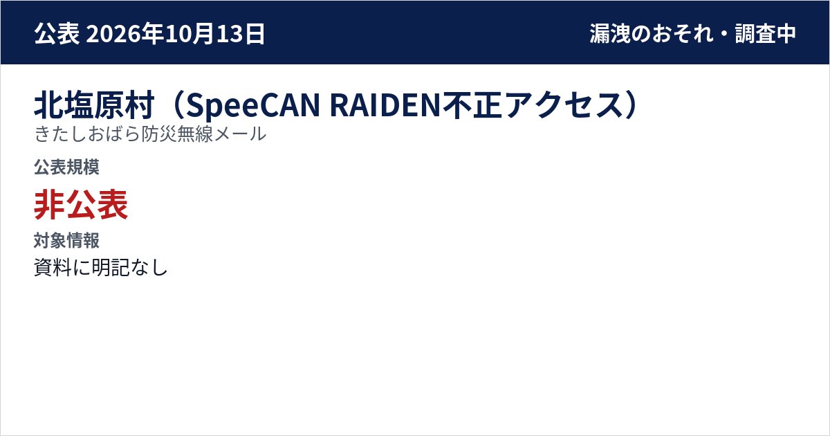 北塩原村(SpeeCAN RAIDEN不正アクセス) きたしおばら防災無線メール 公表規模:非公表