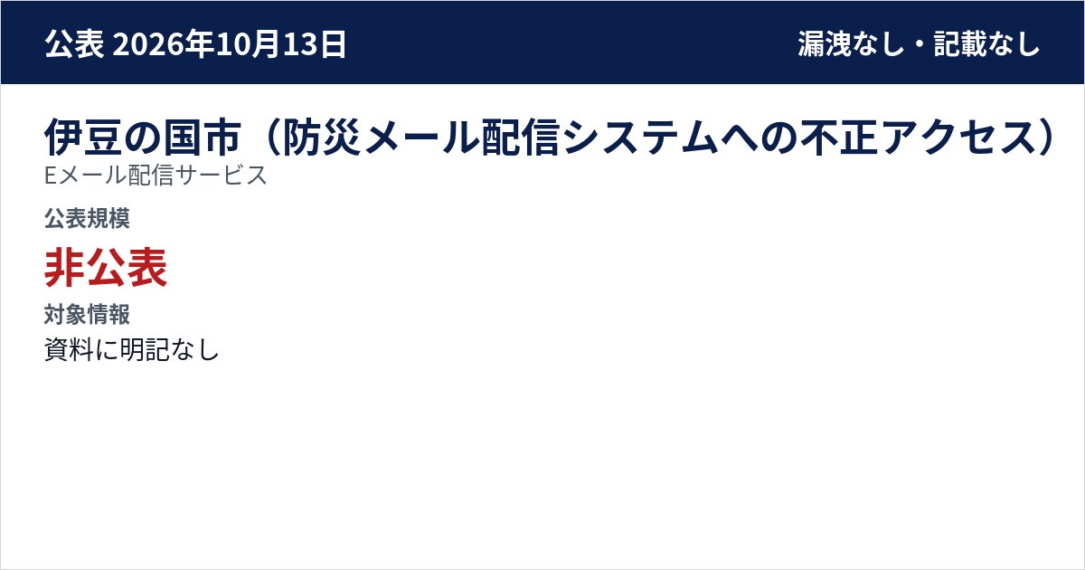 伊豆の国市(防災メール配信システムへの不正アクセス) Eメール配信サービス 公表規模:非公表