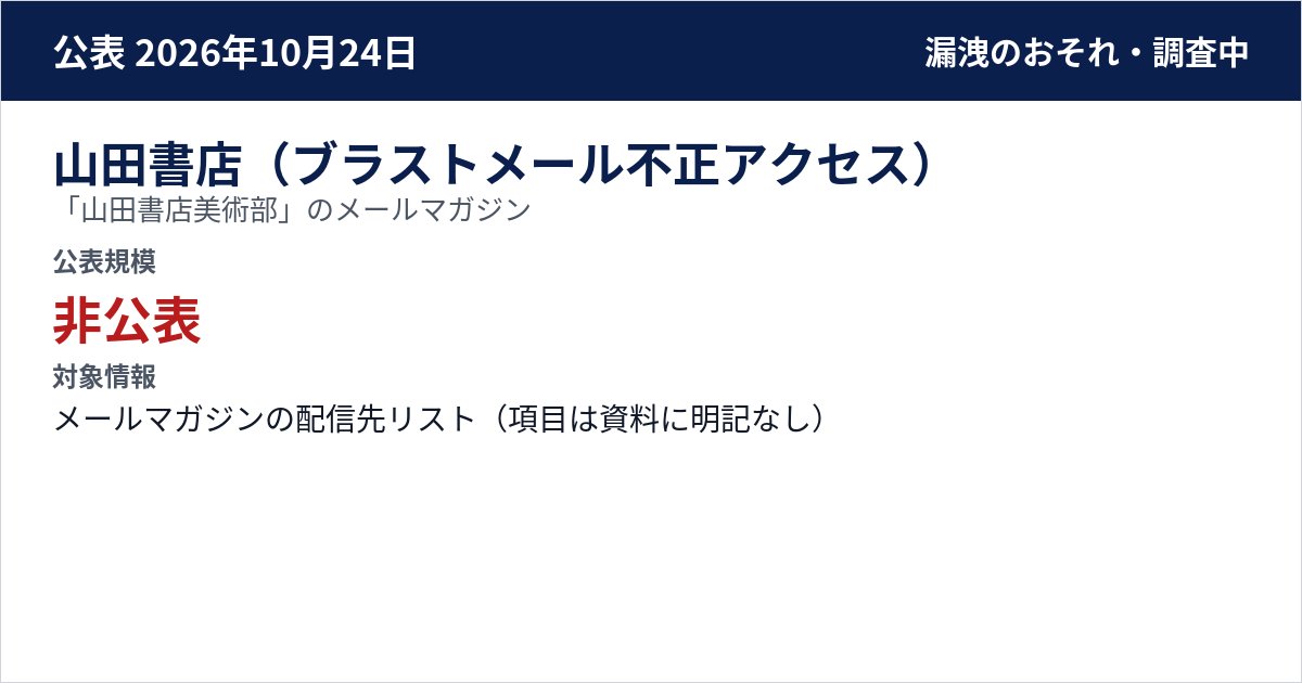 山田書店(ブラストメール不正アクセス) 「山田書店美術部」のメールマガジン 公表規模:非公表