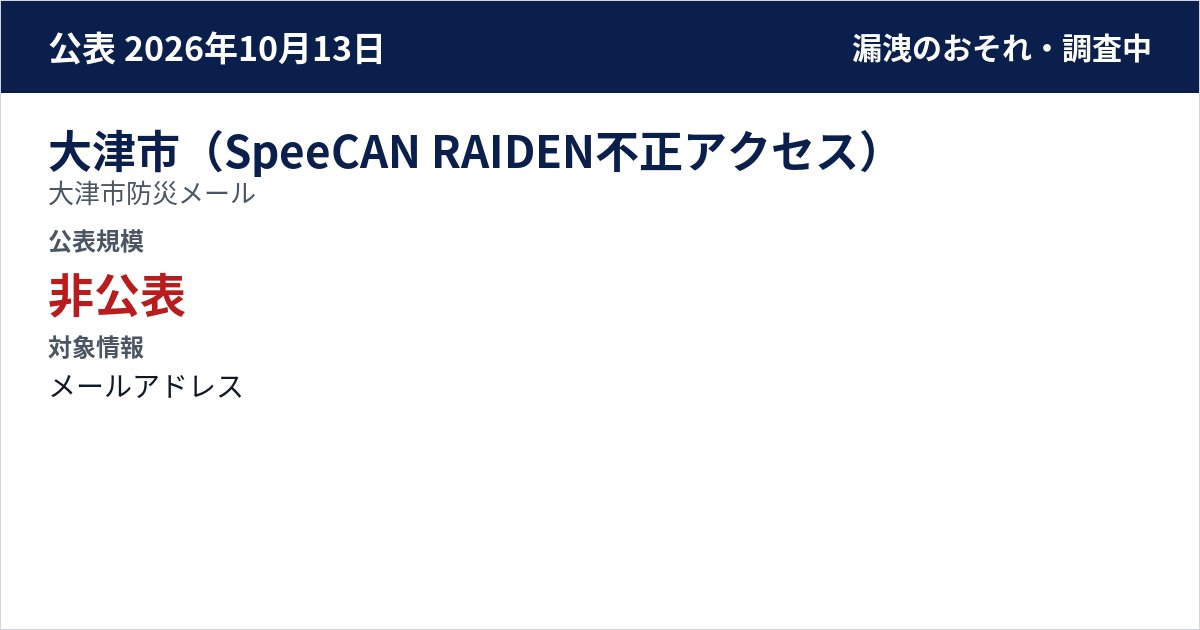 大津市(SpeeCAN RAIDEN不正アクセス) 大津市防災メール 公表規模:非公表