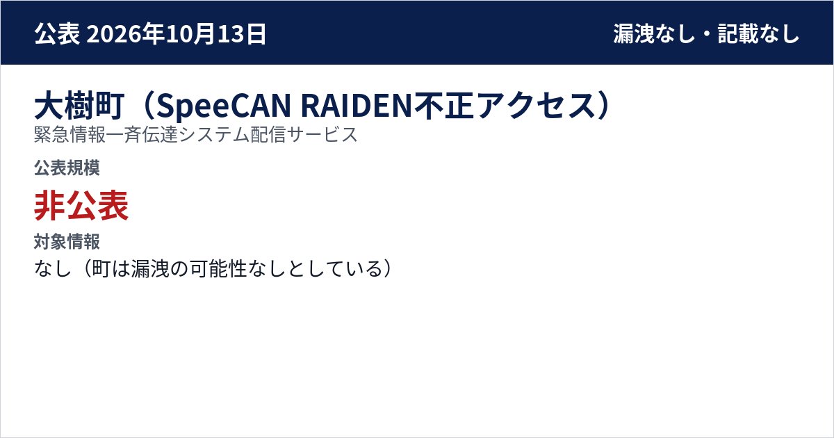 大樹町(SpeeCAN RAIDEN不正アクセス) 緊急情報一斉伝達システム配信サービス 公表規模:非公表