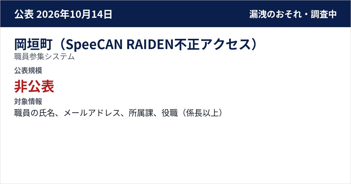 岡垣町(SpeeCAN RAIDEN不正アクセス) 職員参集システム 公表規模:非公表