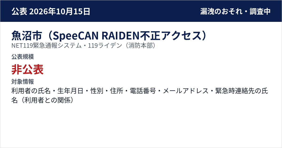 魚沼市(SpeeCAN RAIDEN不正アクセス) NET119緊急通報システム・119ライデン(消防本部) 公表規模:非公表