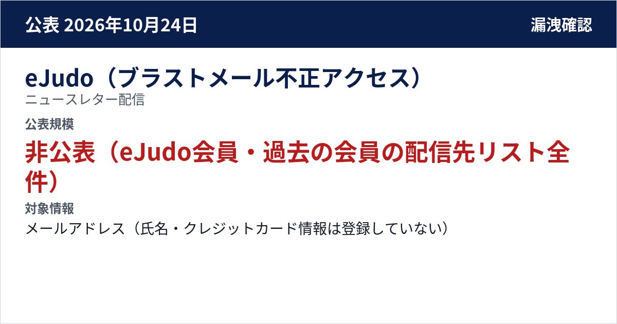 eJudo(ブラストメール不正アクセス) ニュースレター配信 公表規模:非公表(eJudo会員・過去の会員の配信先リスト全件)