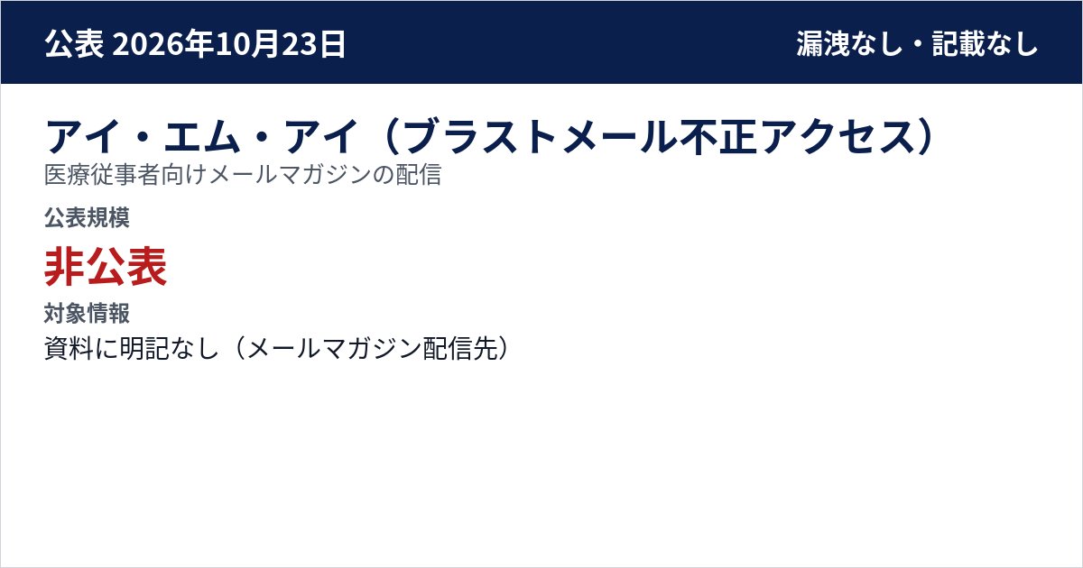 アイ・エム・アイ(ブラストメール不正アクセス) 医療従事者向けメールマガジンの配信 公表規模:非公表
