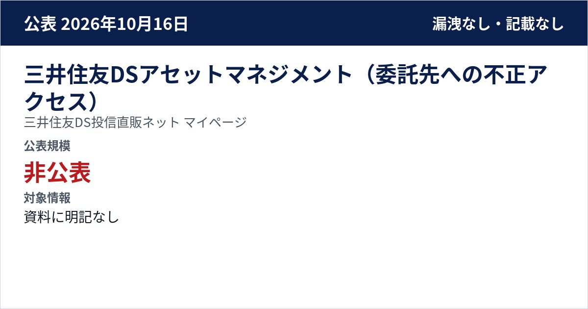 三井住友DSアセットマネジメント(委託先への不正アクセス) 三井住友DS投信直販ネット マイページ 公表規模:非公表