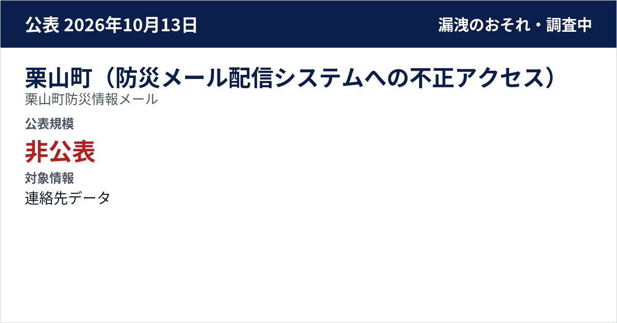栗山町(防災メール配信システムへの不正アクセス) 栗山町防災情報メール 公表規模:非公表