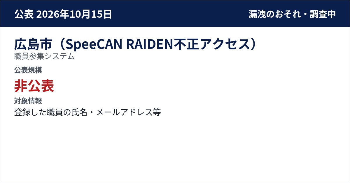 広島市(SpeeCAN RAIDEN不正アクセス) 職員参集システム 公表規模:非公表
