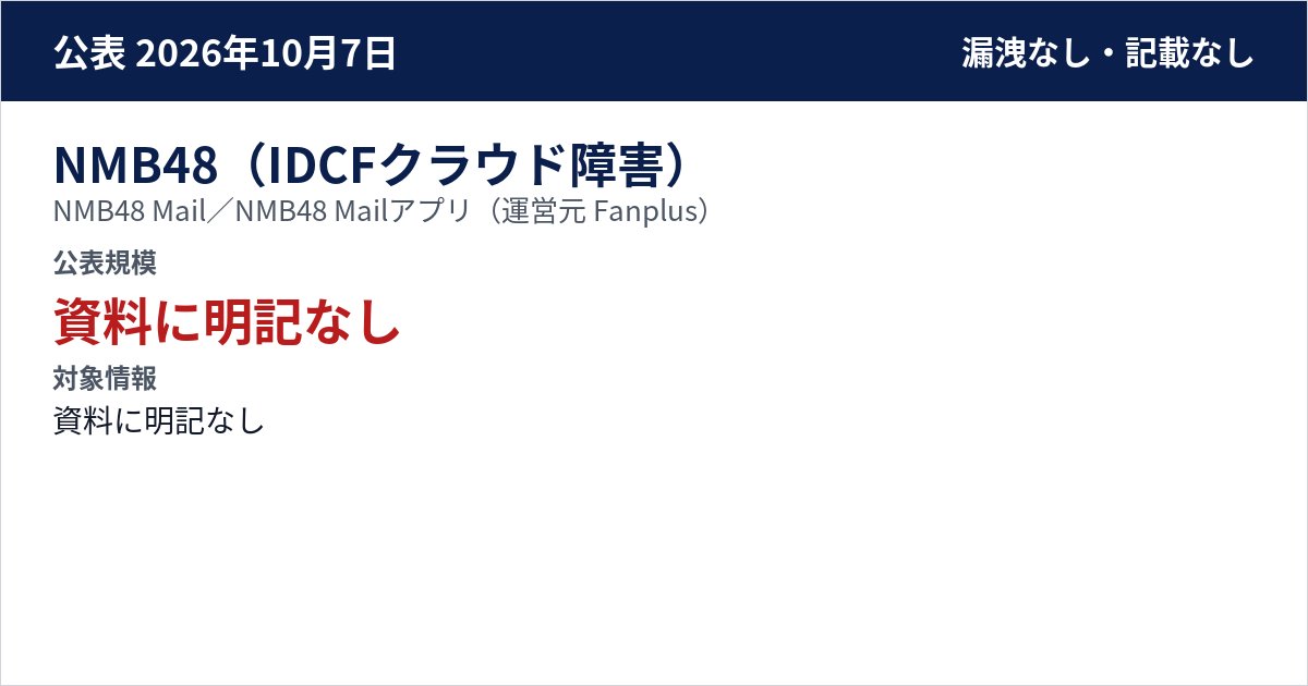 NMB48(IDCFクラウド障害) NMB48 Mail/NMB48 Mailアプリ(運営元 Fanplus) 公表規模:資料に明記なし