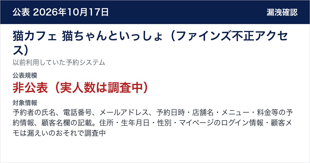 猫カフェ 猫ちゃんといっしょ(ファインズ不正アクセス) 以前利用していた予約システム 公表規模:非公表(実人数は調査中)