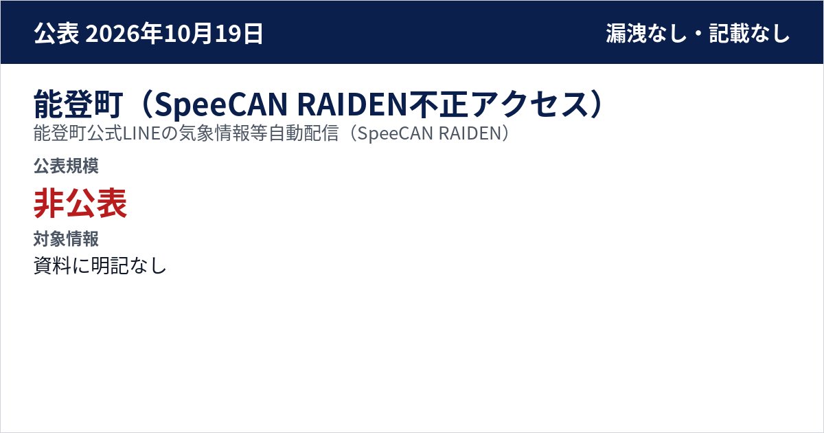 能登町(SpeeCAN RAIDEN不正アクセス) 能登町公式LINEの気象情報等自動配信(SpeeCAN RAIDEN) 公表規模:非公表