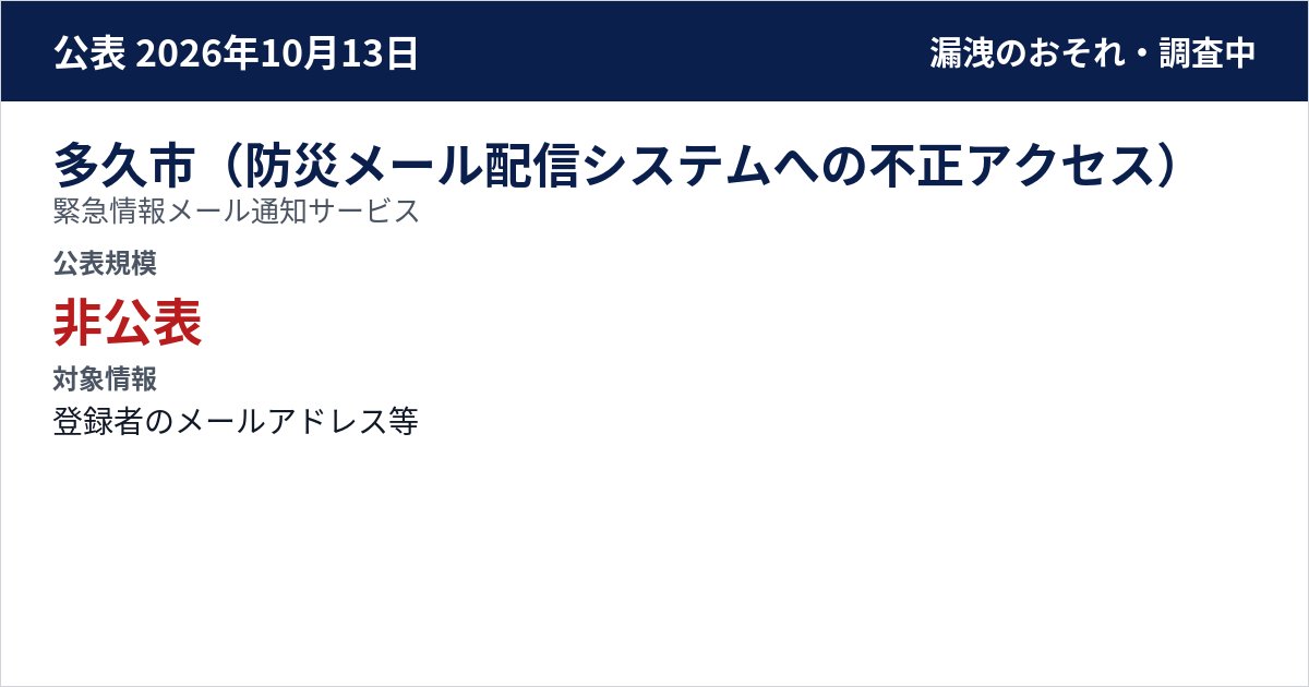 多久市(防災メール配信システムへの不正アクセス) 緊急情報メール通知サービス 公表規模:非公表