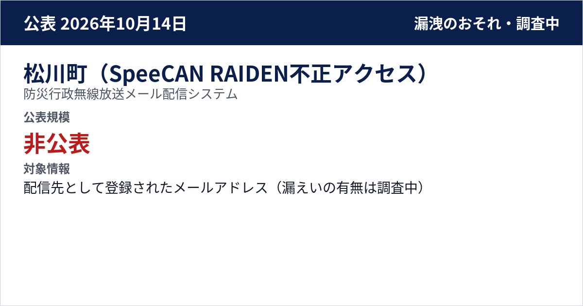 松川町(SpeeCAN RAIDEN不正アクセス) 防災行政無線放送メール配信システム 公表規模:非公表