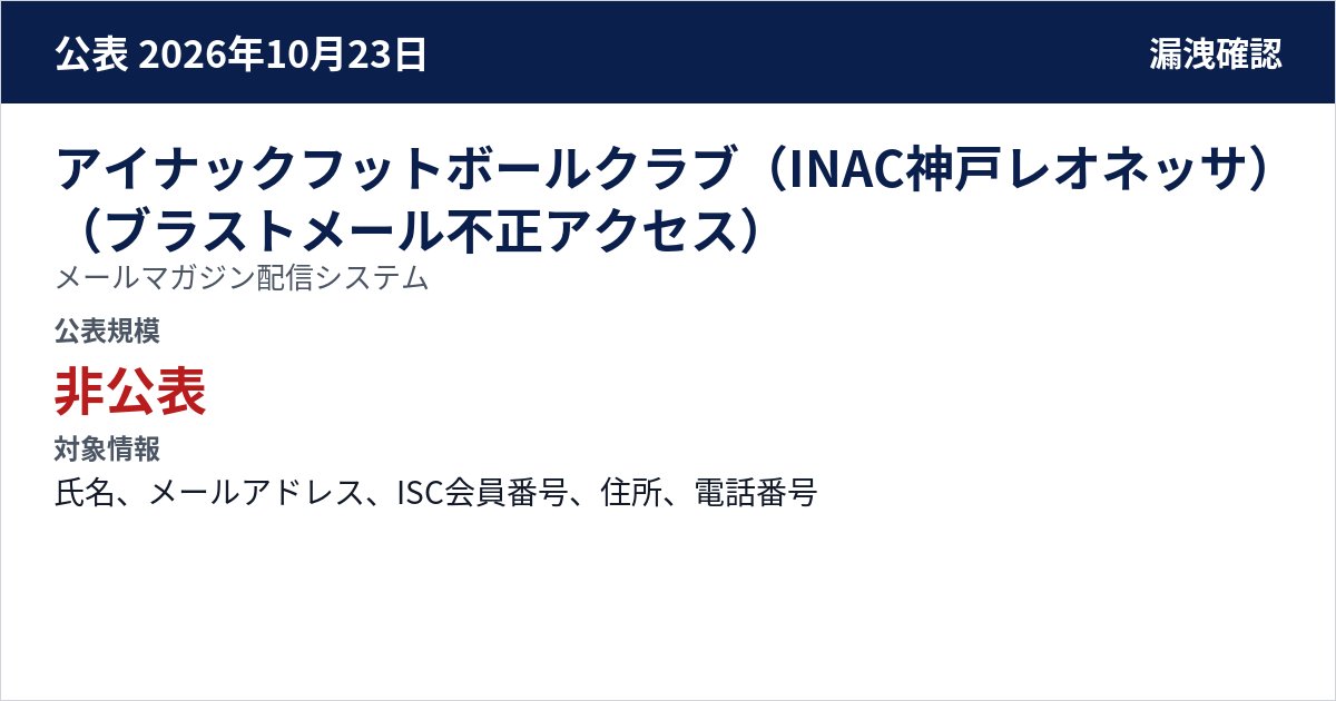 アイナックフットボールクラブ(INAC神戸レオネッサ)(ブラストメール不正アクセス) メールマガジン配信システム 公表規模:非公表