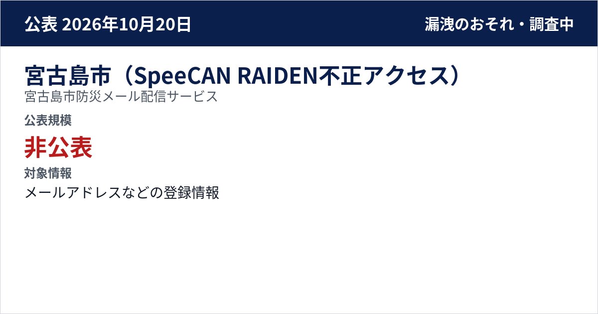 宮古島市(SpeeCAN RAIDEN不正アクセス) 宮古島市防災メール配信サービス 公表規模:非公表