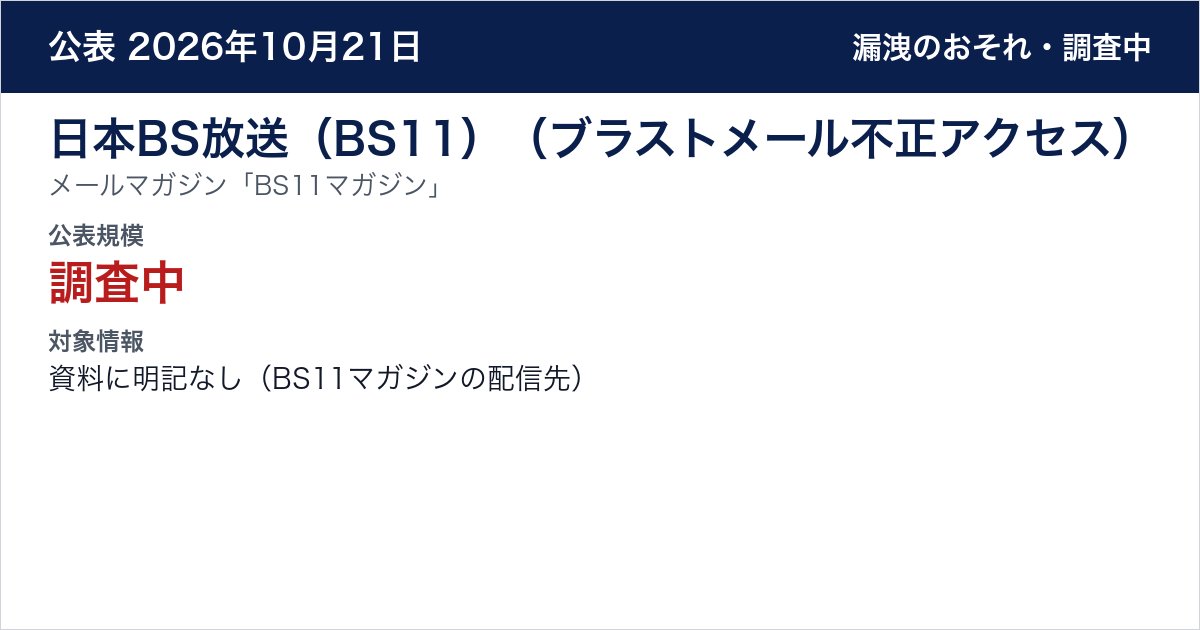 日本BS放送(BS11)(ブラストメール不正アクセス) メールマガジン「BS11マガジン」 公表規模:調査中