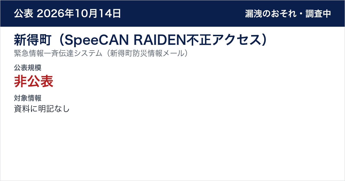 新得町（SpeeCAN RAIDEN不正アクセス） 緊急情報一斉伝達システム（新得町防災情報メール）　公表規模：非公表