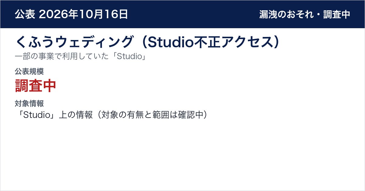 くふうウェディング(Studio不正アクセス) 一部の事業で利用していた「Studio」 公表規模:調査中