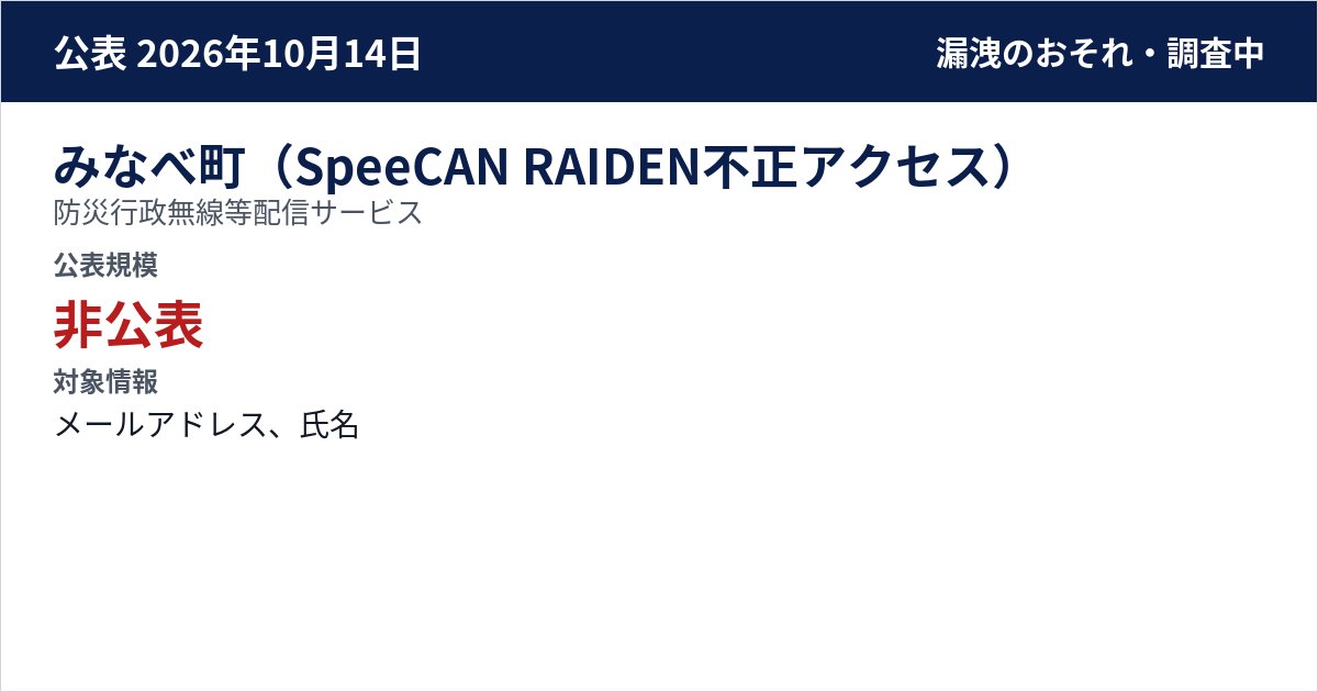 みなべ町(SpeeCAN RAIDEN不正アクセス) 防災行政無線等配信サービス 公表規模:非公表