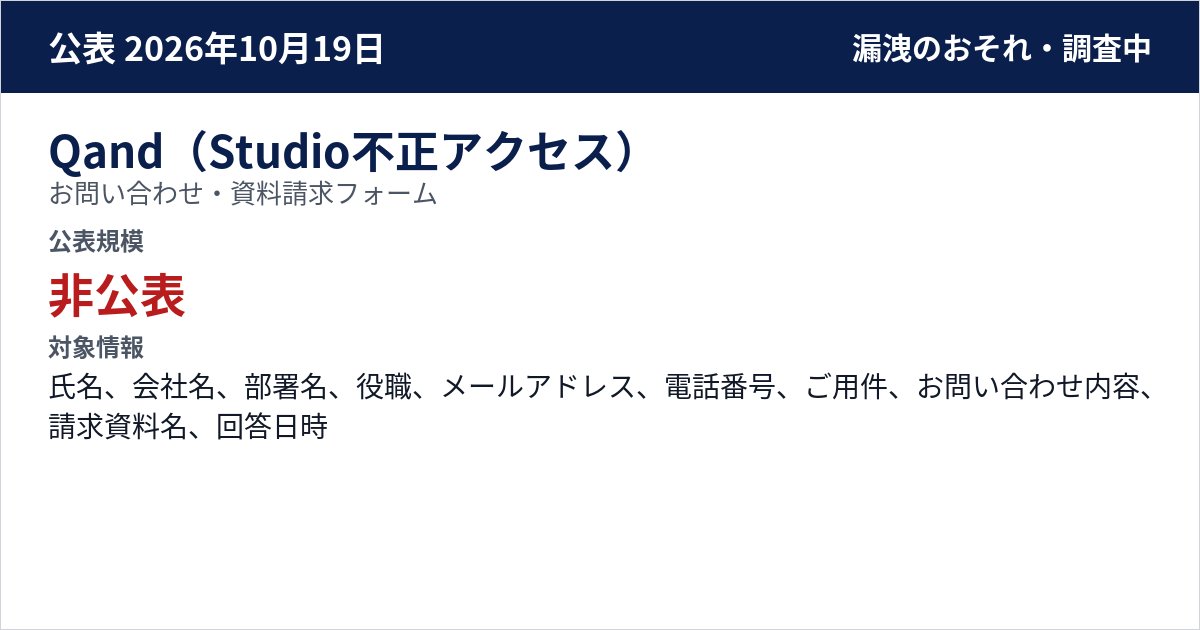 Qand(Studio不正アクセス) お問い合わせ・資料請求フォーム 公表規模:非公表